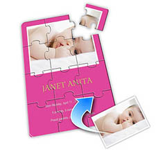 1st Birthday Invitation Photo Puzzle, 5x7 Hot Pink