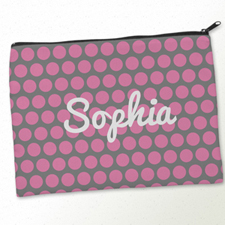 Personalized Pink Grey Large Dots Big Make Up Bag (9.5 X 13 Inch)