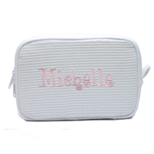 Embroidered Name White Cotton Waffle Wave Makeup Bag (5 X 8 Inch)