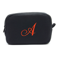 Embroidered One Initial Black Cotton Waffle Weave Makeup Bag (5 X 8 Inch)