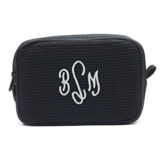 Embroidered Three Initial Black Cotton Waffle Wave Makeup Bag (5 X 8 Inch)