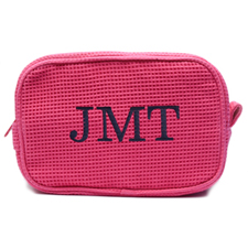Embroidered Three Initial Fuchsia Cotton Waffle Weave Makeup Bag (5 X 8 Inch)