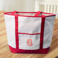 3 Initials Large Embroidered Canvas Tote Bag, Red