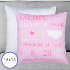 Girl Birth Announcement Personalized Large Cushion 18