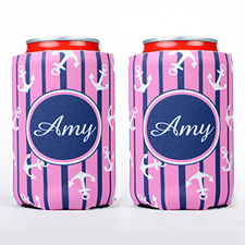Pink Navy Strap Anchor Personalized Can Cooler