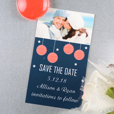 Create And Print Navy Red Lantern Personalized Save The Date Magnet 2x3.5 Card Size