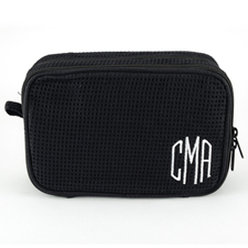 Monogrammed Embroidered Black Cotton Waffle Wave Cosmetic Bag