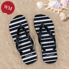 Black White Stripe Personalized Flip Flops, Women Medium