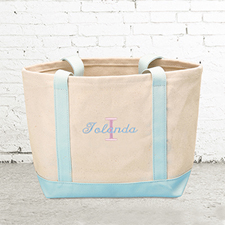 Name & Initial #1 Personalized Light Blue Canvas Tote Bag (Small)