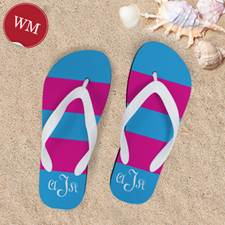 Pink Blue Stripe Personalized Flip Flops, Women Medium