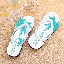 Palm Tree Personalized Beach Wedding Flip Flops White Strap, Women Medium