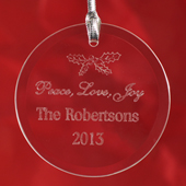 Peace, Love & Joy Personalized Message Glass Ornament