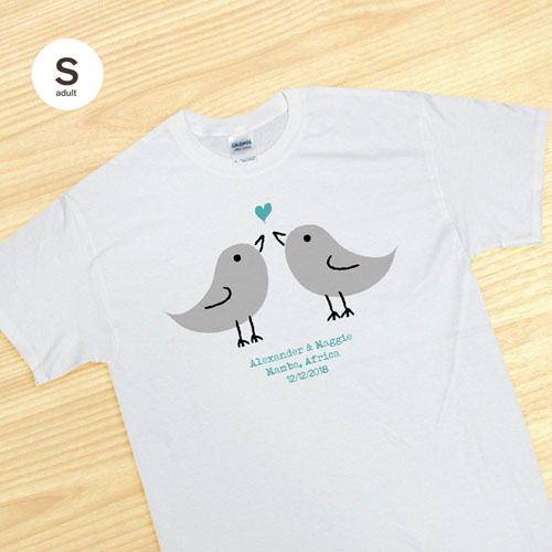 Custom Aqua Love Birds White Adult Small T Shirt