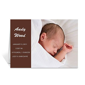 Chocolate Brown Photo Birth Announcements Cards, 5x7 Folded Modern
