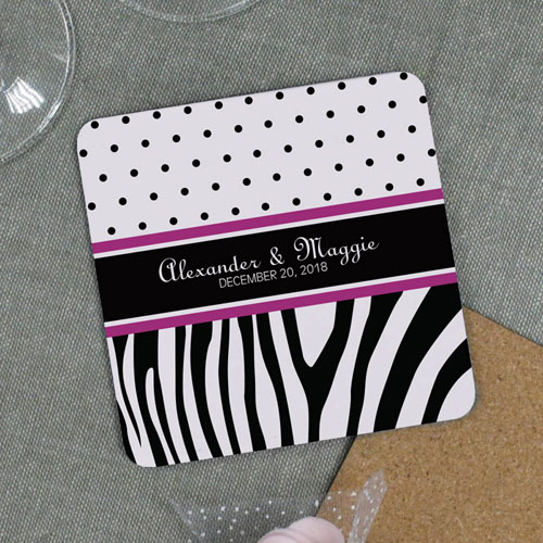 Polka Dots Zebra Print Wedding Personalized Coaster