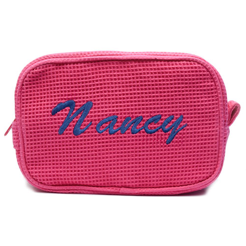 Embroidered Name Fuchsia Cotton Waffle Weave Makeup Bag (5 X 8 Inch)