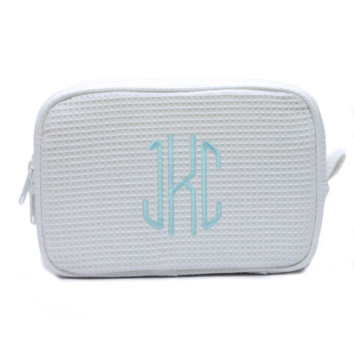 Embroidered Three Initial White Cotton Waffle Weave Makeup Bag (5 X 8 Inch)