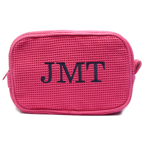 Embroidered Three Initial Fuchsia Cotton Waffle Weave Makeup Bag (5 X 8 Inch)