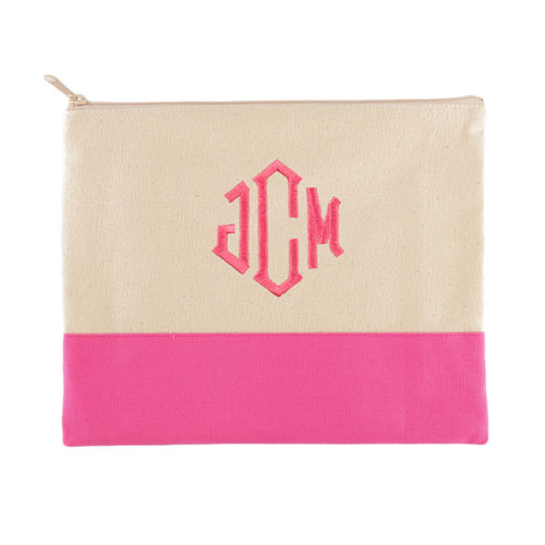 Personalized Embroidered 3 Initials Hot Pink Zip Bag (7.5 X 9 Inch)