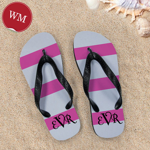 Pink Grey Stripe Flip Flops, Women Medium