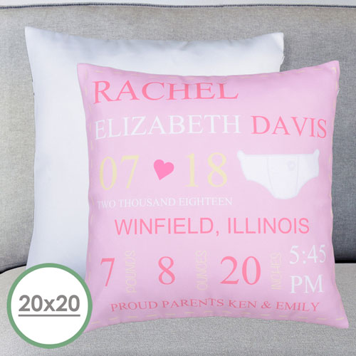 Girl Birth Announcement Personalized Large Pillow Cushion Cover 20