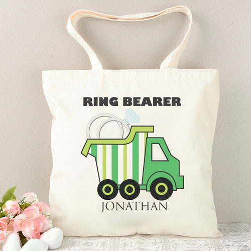 Ring Bearer Green Stripe Truck Personalized Tote Bag