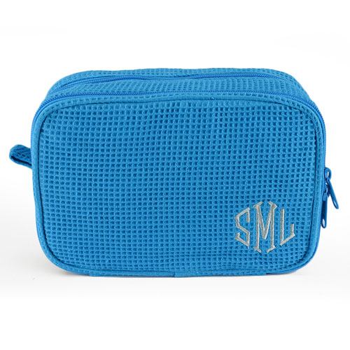 Monogrammed Embroidered Turquoise Cotton Waffle Wave Cosmetic Bag
