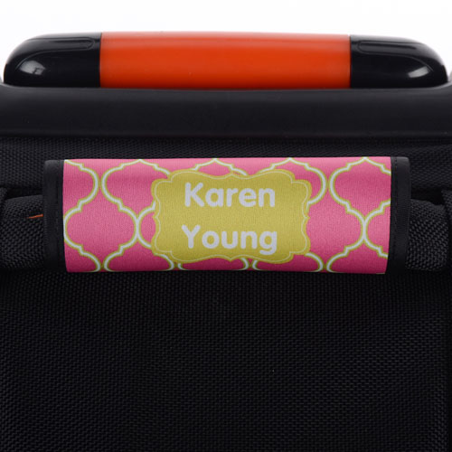 Pink Lime Quatrefoil Personalized Luggage Handle Wrap