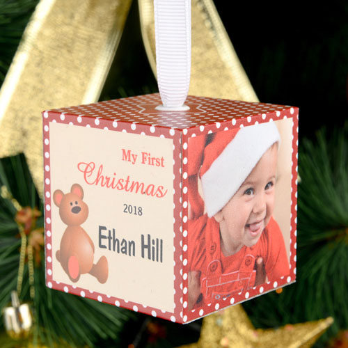 First Christmas Personalized Wooded Cube Ornament