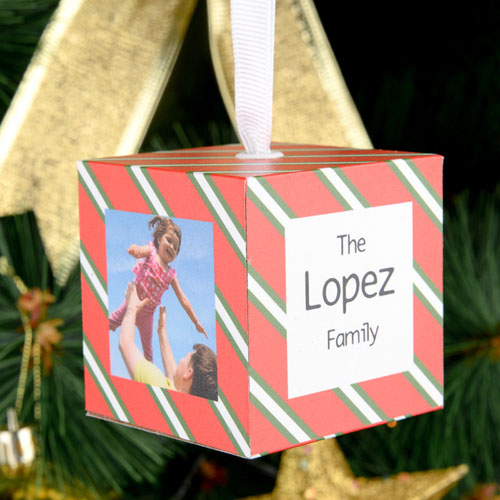Red Green Stripes Personalized Wooded Cube Ornament