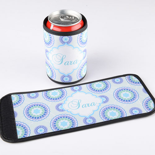 Blue Purple Floral Personalized Can And Bottle Wrap