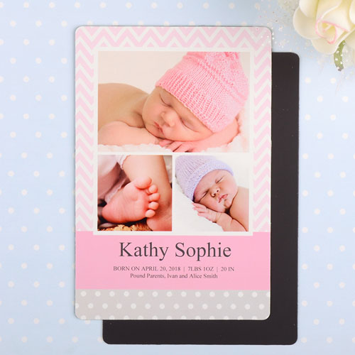 Chevron Personalized Girl Birth Announcement Photo Magnet 4x6 Large