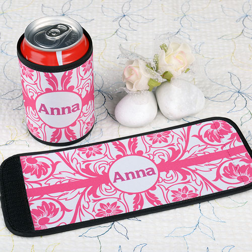 Hot Pink Floral Personalized Can And Bottle Wrap