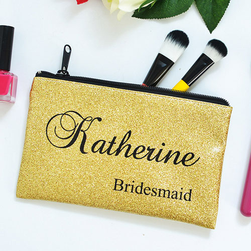 Real Glitter Gold Personalized Cosmetic Bag For Bridesmaids, 4X7
