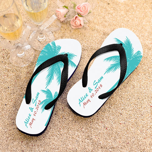 Palm Tree Personalized Beach Wedding Flip Flops Black Strap, Kids Medium