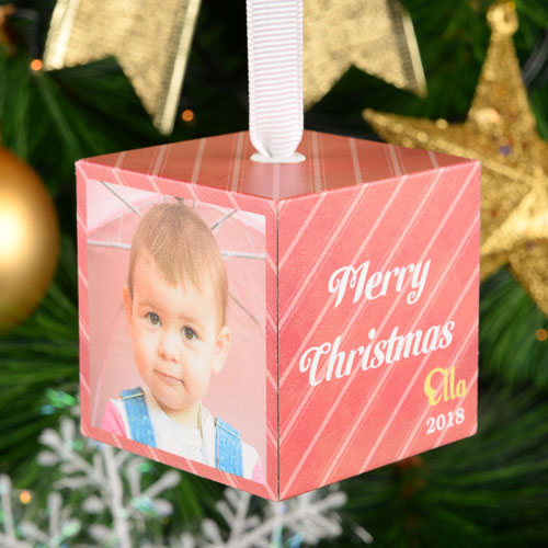 Christmas Stripes Personalized Wood Photo 2” Cube