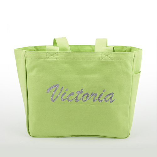 Custom Glitter Text Canvas Tote Bag, Baby Green