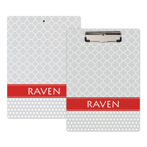 Grey Quatrefoil and Polka Dot Personalized Clipboard