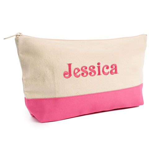Embroidered Cosmetic Bag with Hot Pink Trim