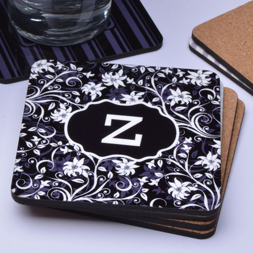 Personalized Floral Black Monogram (One Coaster)