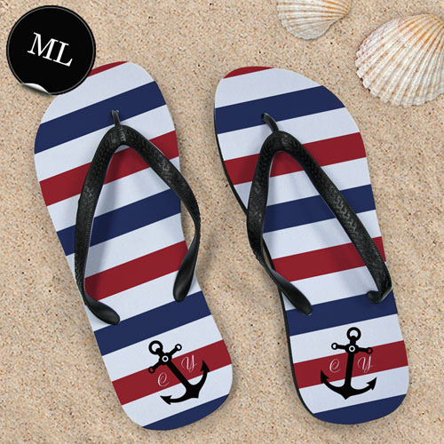 Create Your Own Navy Red White Stripes Anchor Men Large Flip Flops