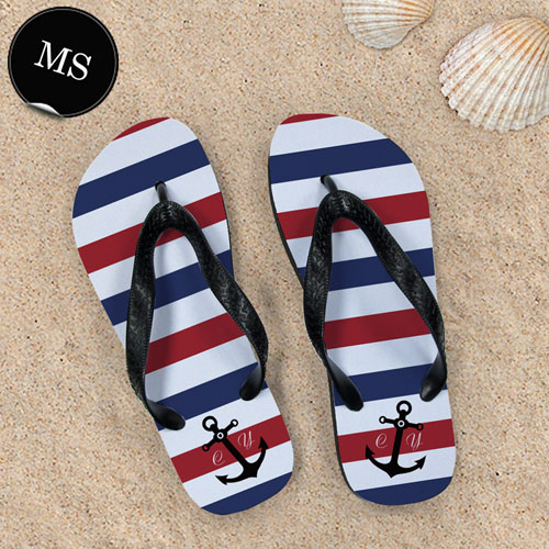 Create My Own Navy Red White Stripes Anchor Men Small Flip Flop Sandals