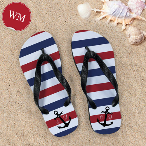 Create My Own Navy Red White Stripes Anchor Women Medium Flip Flop Sandals
