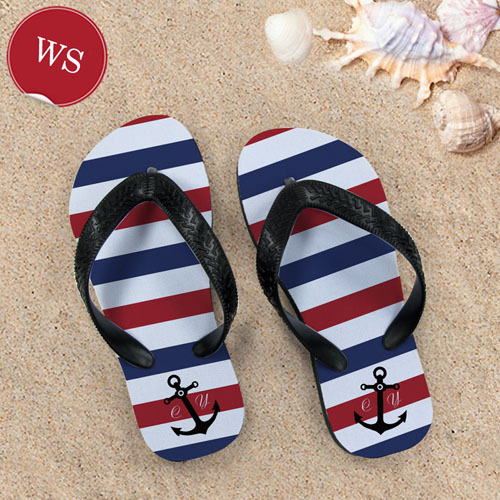 Make My Own Navy Red White Stripes Anchor Women Small Flip Flop Sandals