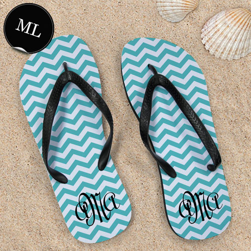 Create Your Own Aqua Chevron Pattern With Personalized Name, Men Large Flip Flops