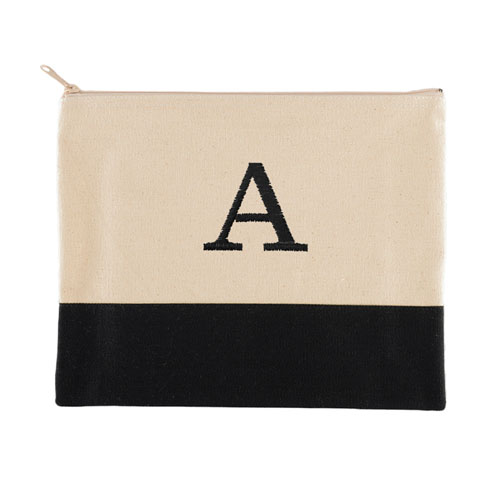 Embroidered One Initial Natural Black Zip Bag (7.5 X 9 Inch)