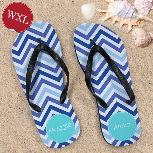 Create Your Own Blue Zigzag Personalized Monogrammed, Women's Extra Large Flip Flops